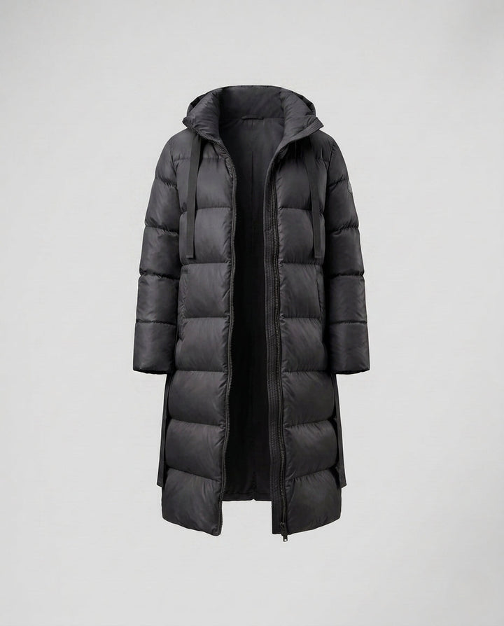 Women’s extra long quilted thermal coat with concealed two-way zipper, ergonomic hood, and side movement zippers
