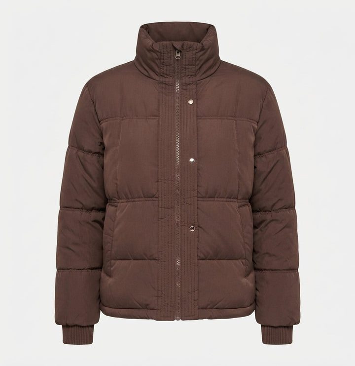 Women's cropped boxy puffer with ergonomic stand-up collar and concealed snap button placket