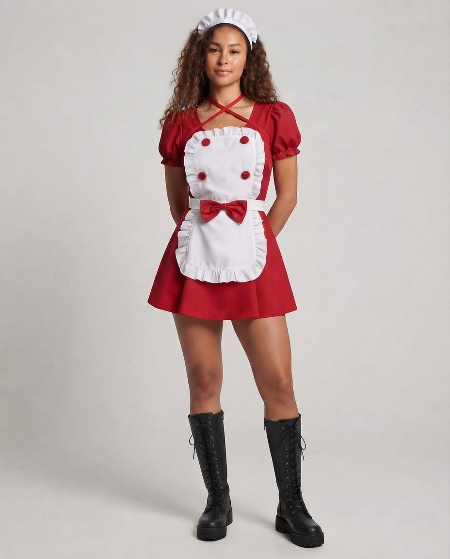 Women Playful Maid Dress with Ruffles and Satin Apron Mune Fashion