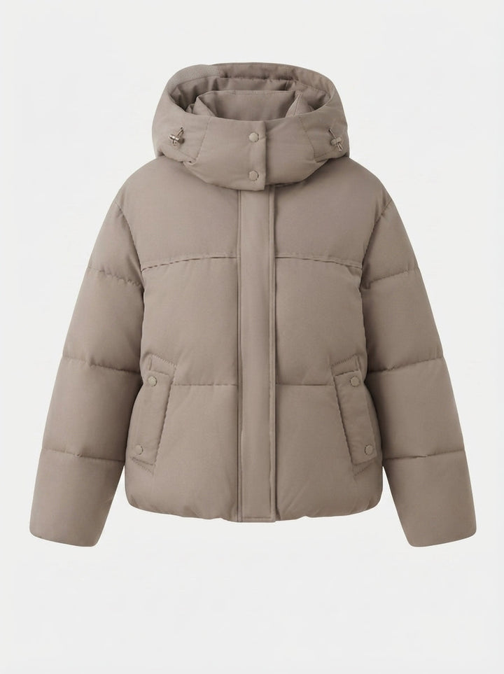 Women's short padded hooded jacket with removable hood trim, high stand-up collar and fitted cut