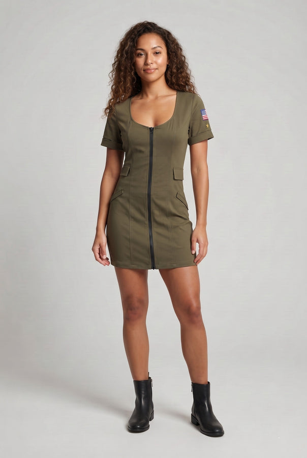 Women Camouflage Dress with Zipper Mune Fashion