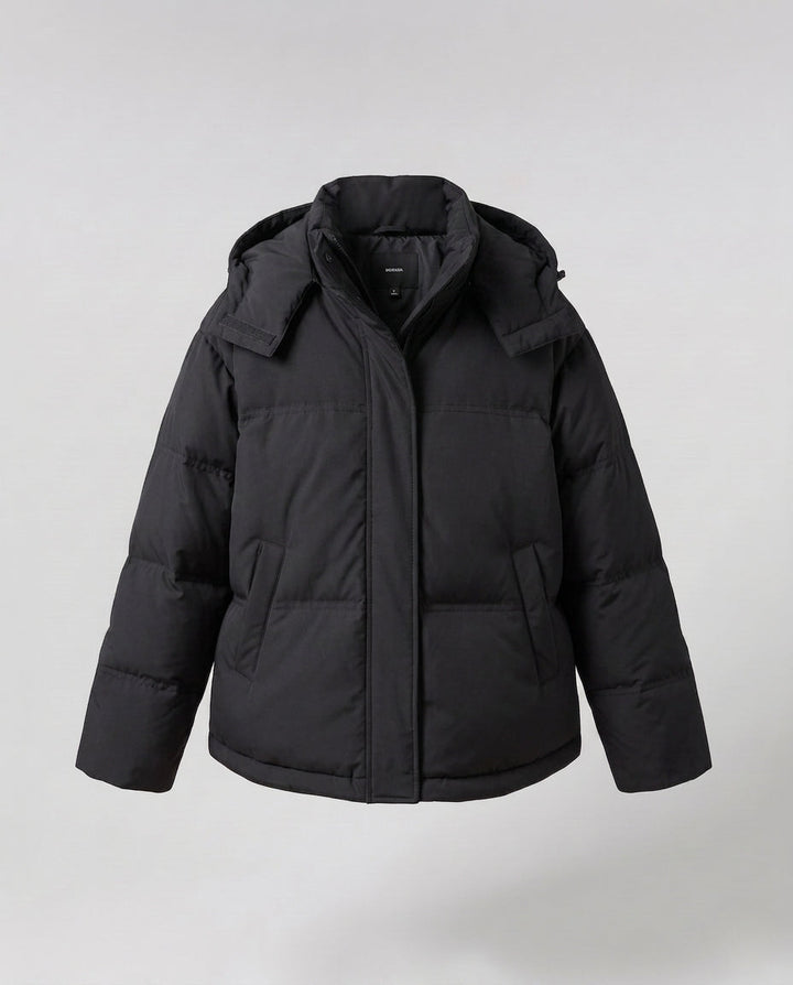 Women's nan boxy padded short quilted anorak with ergonomic hood trim and extra large flap pockets