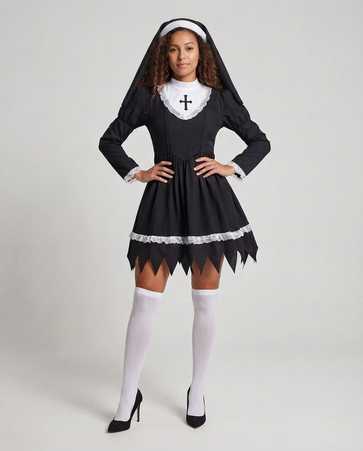 Women Playful Nun Costume with Ruffles and Decorative Overskirt Mune Fashion