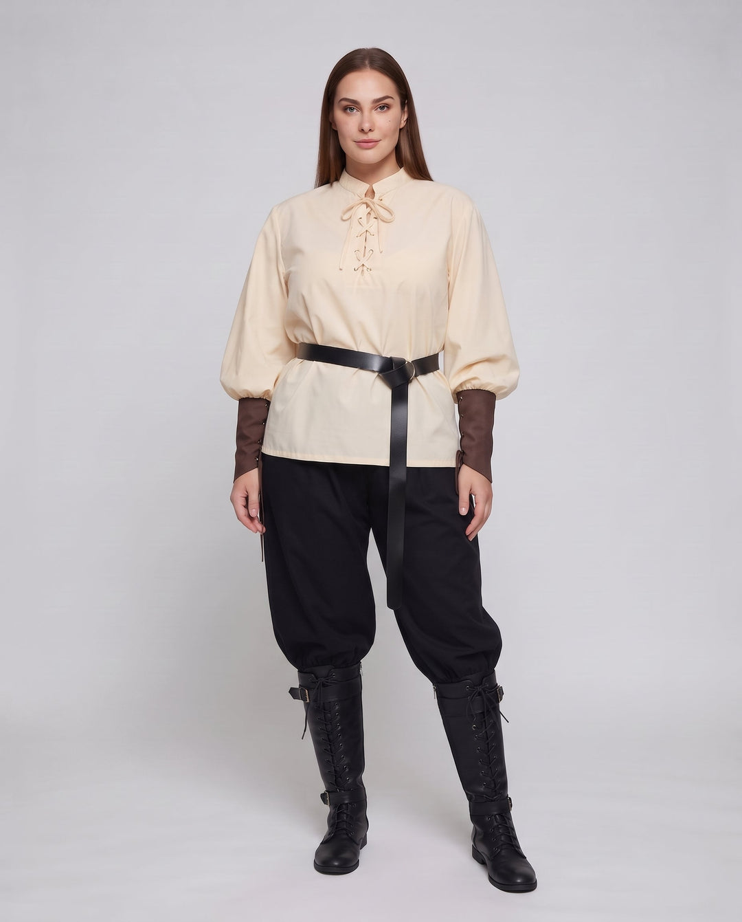 Women historical costume set with elegant laced blouse and wide pants Mune Fashion