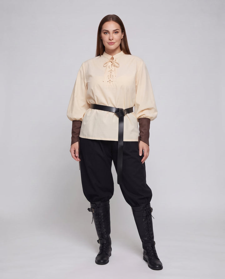 Women historical costume set with elegant laced blouse and wide pants Mune Fashion