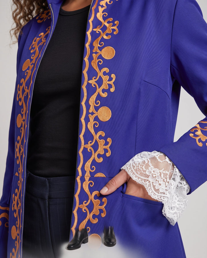 Women's High-Quality Costume Coat with Elegant Hem and Golden Embellishments Mune Fashion