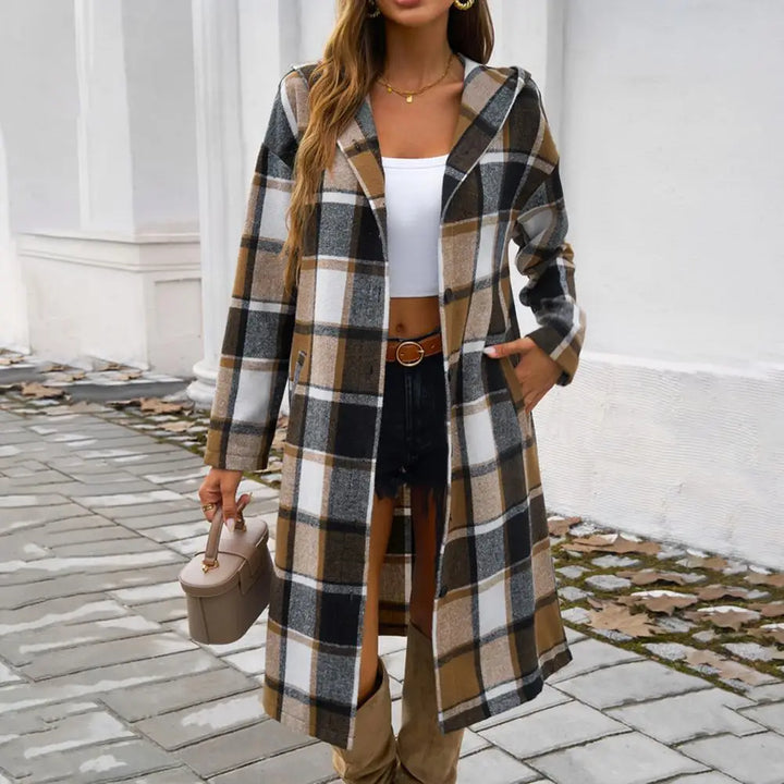 Mune | Women's Checked Long Coat with Hood and Buttons