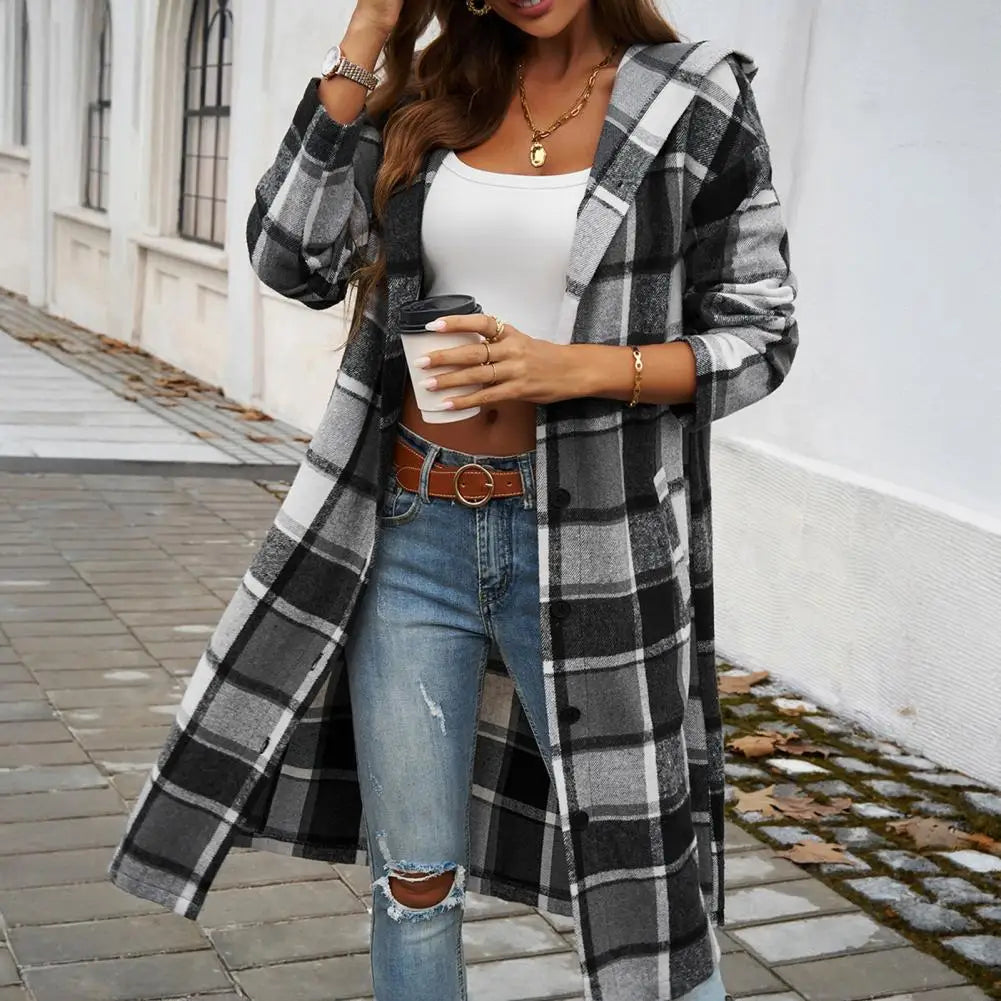 Mune | Women's Checked Long Coat with Hood and Buttons