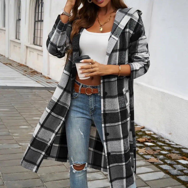 Mune | Women's Checked Long Coat with Hood and Buttons