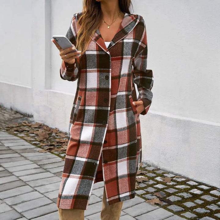 Mune | Women's Checked Long Coat with Hood and Buttons