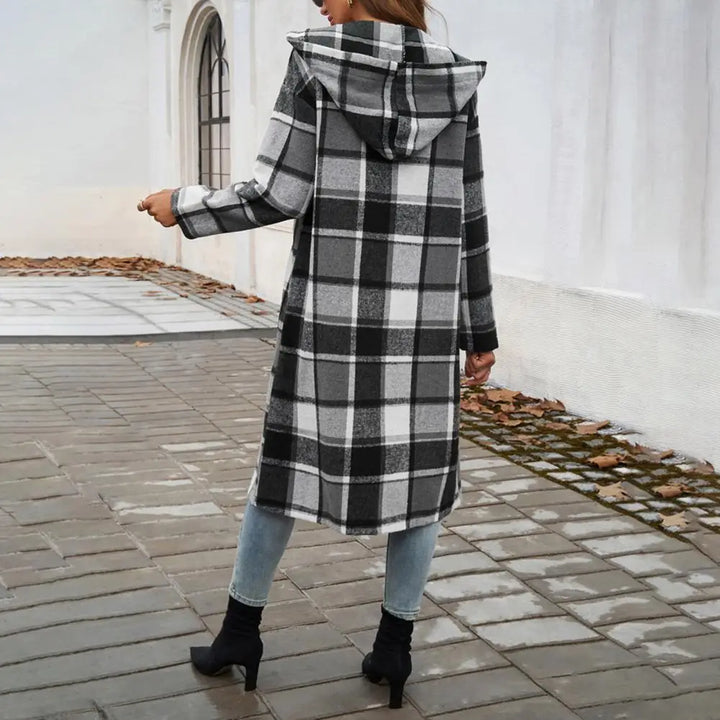 Mune | Women's Checked Long Coat with Hood and Buttons