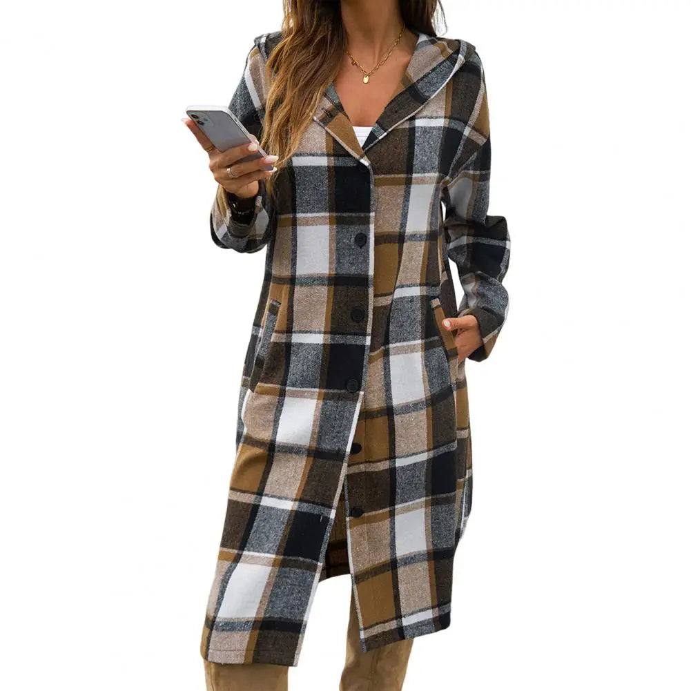 Mune | Women's Checked Long Coat with Hood and Buttons