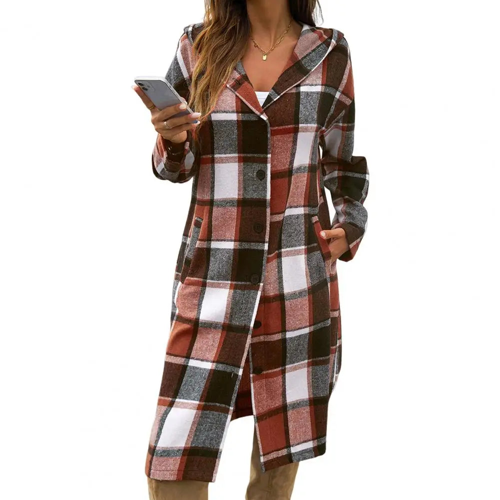 Mune | Women's Checked Long Coat with Hood and Buttons