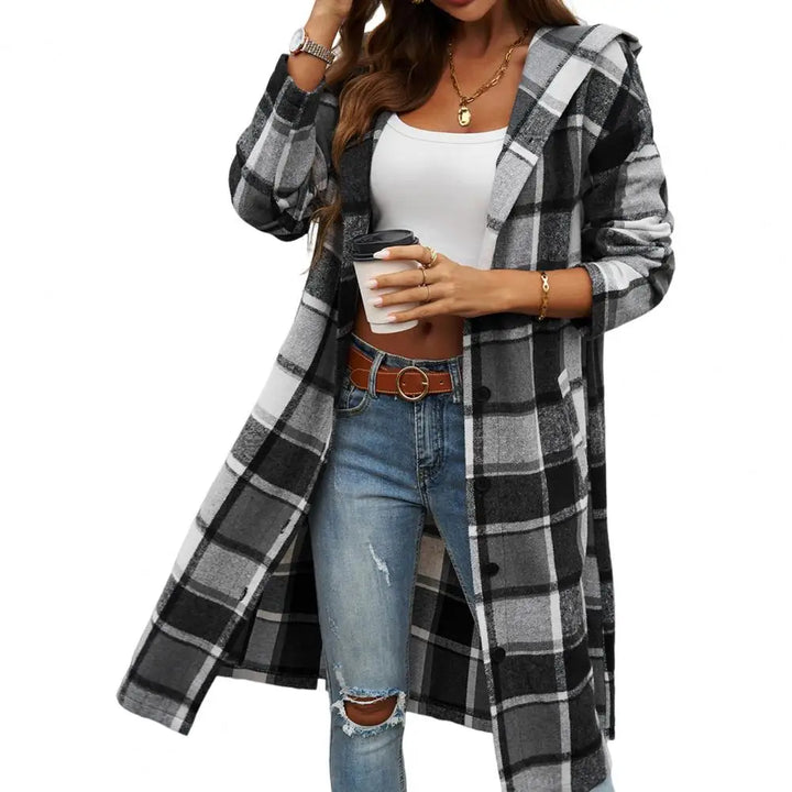 Mune | Women's Checked Long Coat with Hood and Buttons