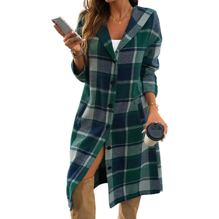 Mune | Women's Checked Long Coat with Hood and Buttons