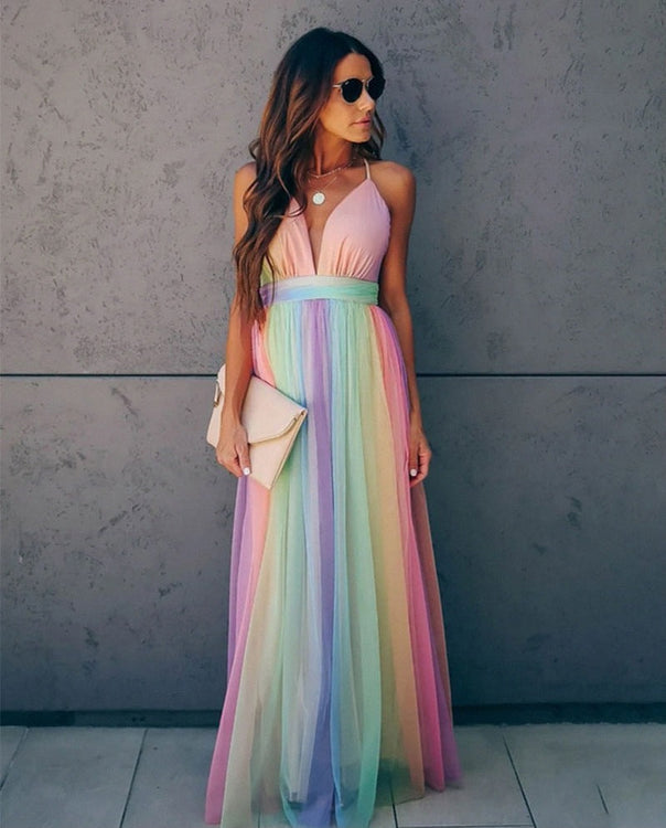 Rainbow Spaghetti Strap Ladies Dress | Multicolored