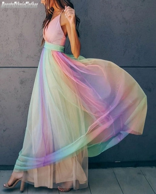 Rainbow Spaghetti Strap Ladies Dress | Multicolored