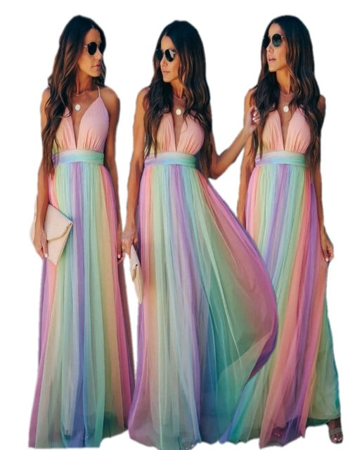 Rainbow Spaghetti Strap Ladies Dress | Multicolored