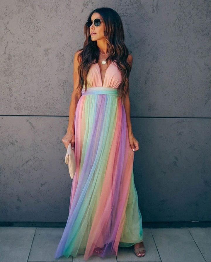 Rainbow Spaghetti Strap Ladies Dress | Multicolored