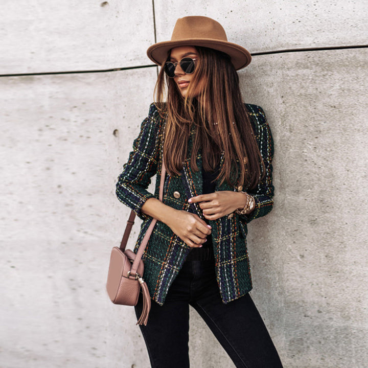 Mune | Double-breasted plaid blazer with long sleeves