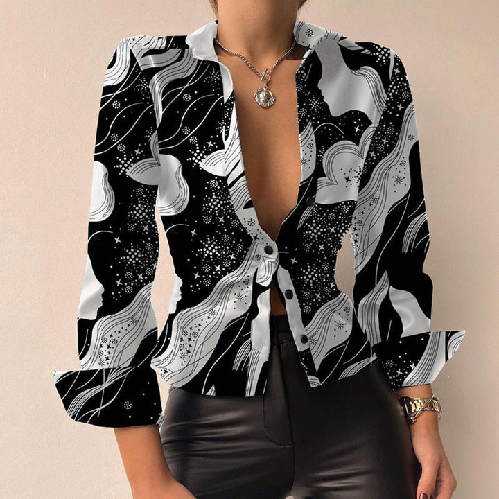 Mune | V-neck PU leather printed long sleeve patchwork blouse