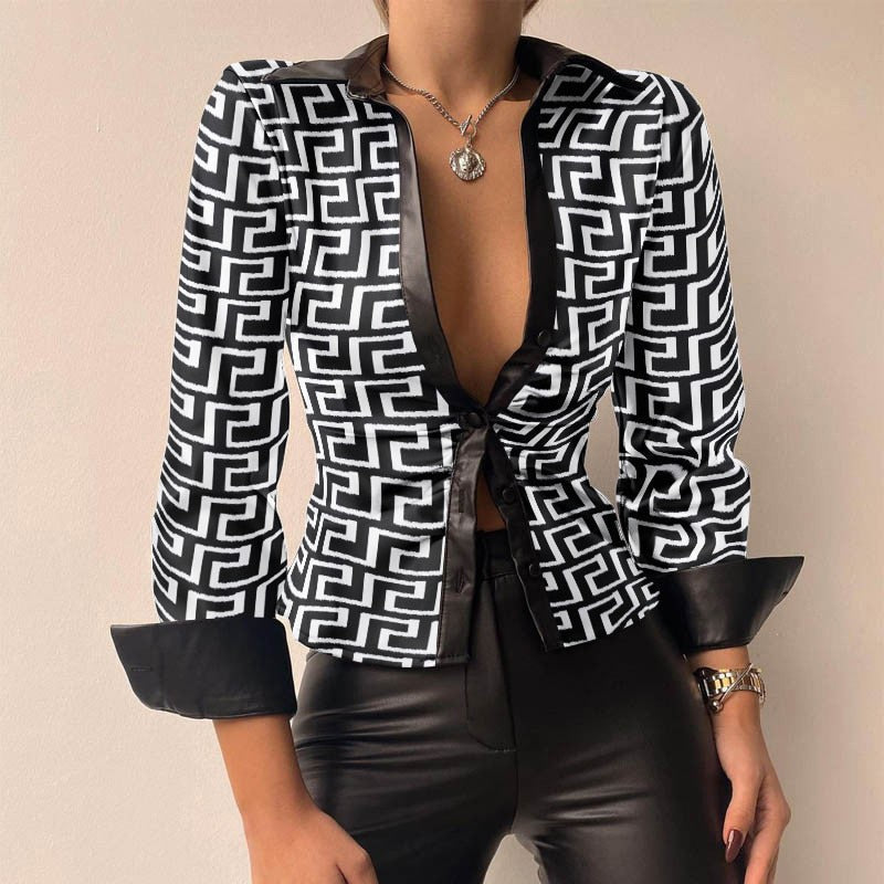 Mune | V-neck PU leather printed long sleeve patchwork blouse