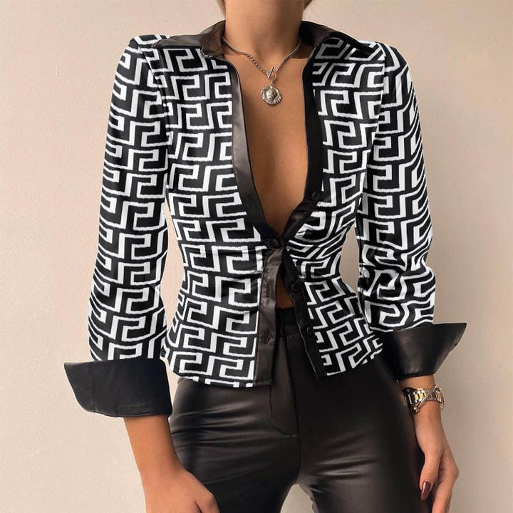 Mune | V-neck PU leather printed long sleeve patchwork blouse