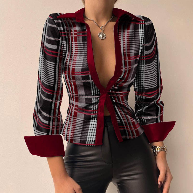 Mune | V-neck PU leather printed long sleeve patchwork blouse