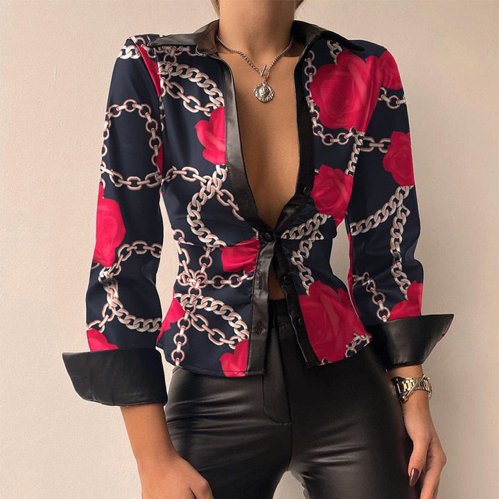 Mune | V-neck PU leather printed long sleeve patchwork blouse