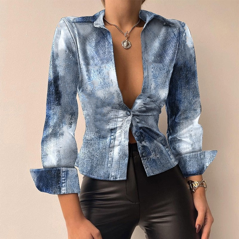 Mune | V-neck PU leather printed long sleeve patchwork blouse
