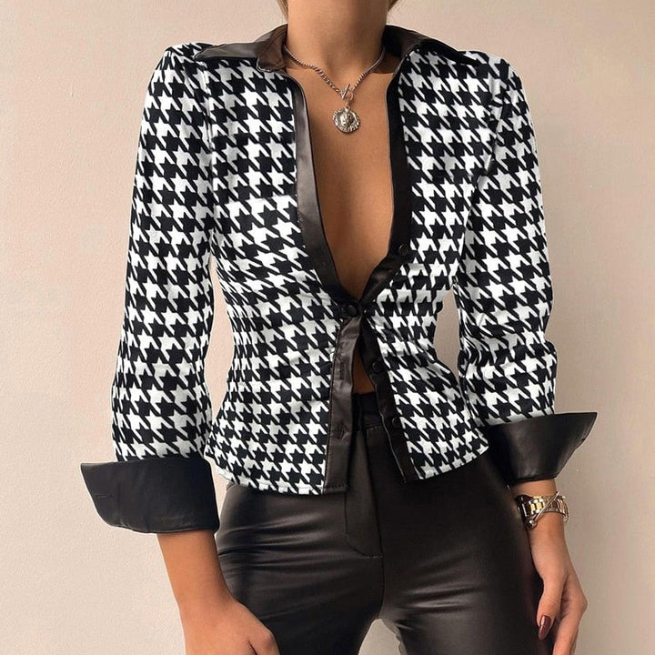 Mune | V-neck PU leather printed long sleeve patchwork blouse
