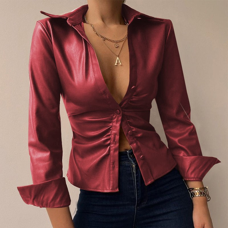 Mune | V-neck PU leather printed long sleeve patchwork blouse
