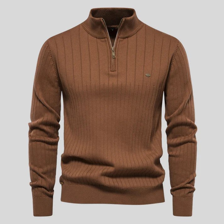Mune | Sweater - Half-Zipper Ribbed Structure Stand-Up Collar