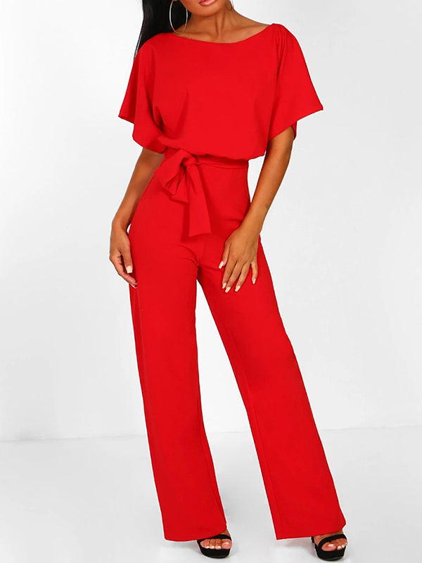 long jumpsuit with ruffle belt, short sleeves, elegant woman