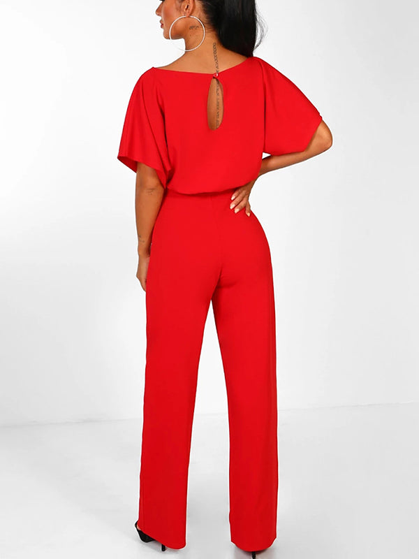long jumpsuit with ruffle belt, short sleeves, elegant woman