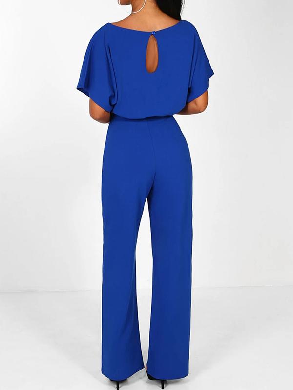long jumpsuit with ruffle belt, short sleeves, elegant woman