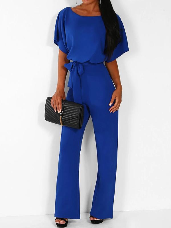 long jumpsuit with ruffle belt, short sleeves, elegant woman