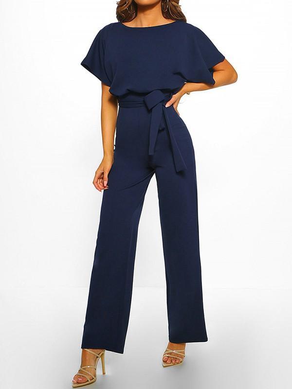 long jumpsuit with ruffle belt, short sleeves, elegant woman