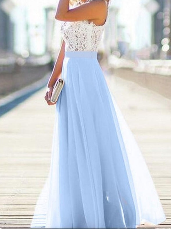 Mune | Long Dress with Elegantly Flowing Chiffon Lace In Light Blue and White