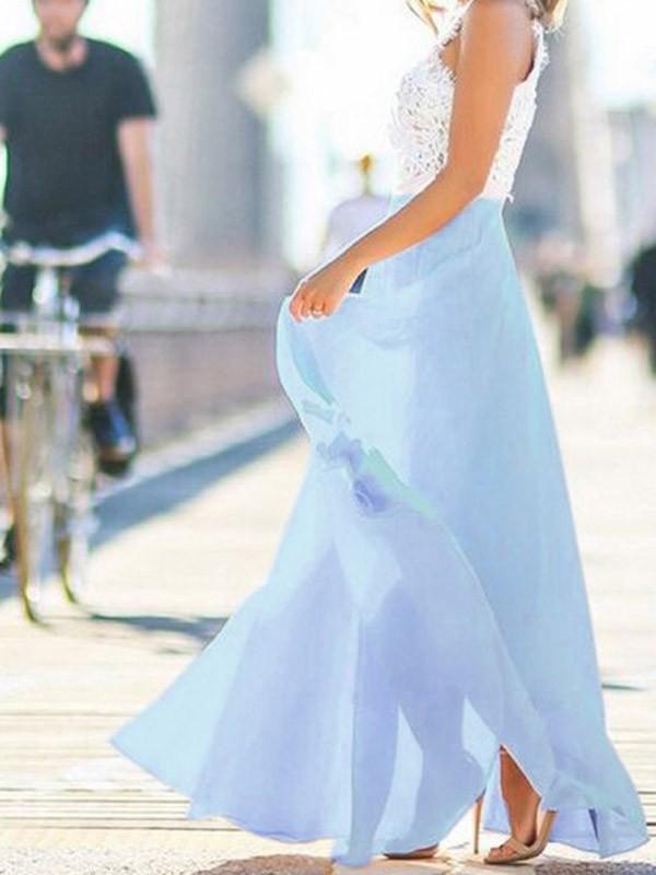 Mune | Long Dress with Elegantly Flowing Chiffon Lace In Light Blue and White