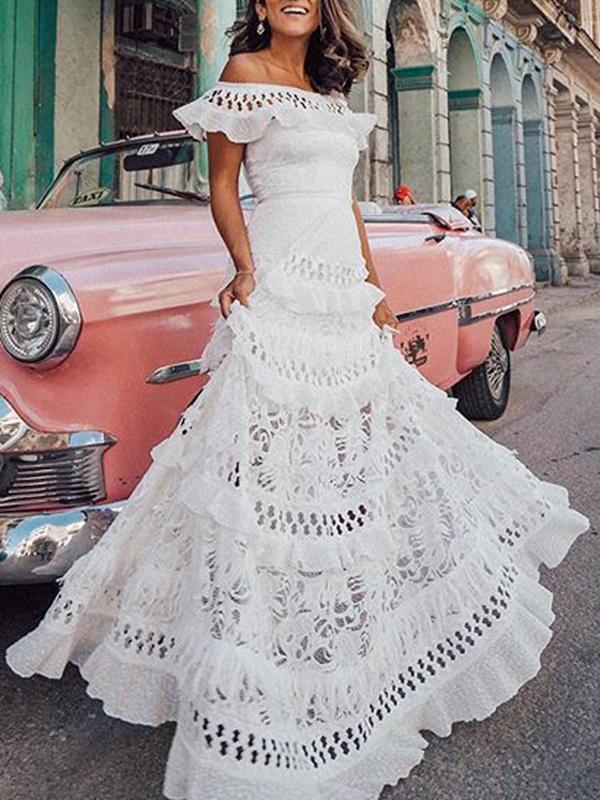 Mune | Long Dress with Ruffled Lace and Boat Neckline Elegant Boho Evening Dress for The Wedding