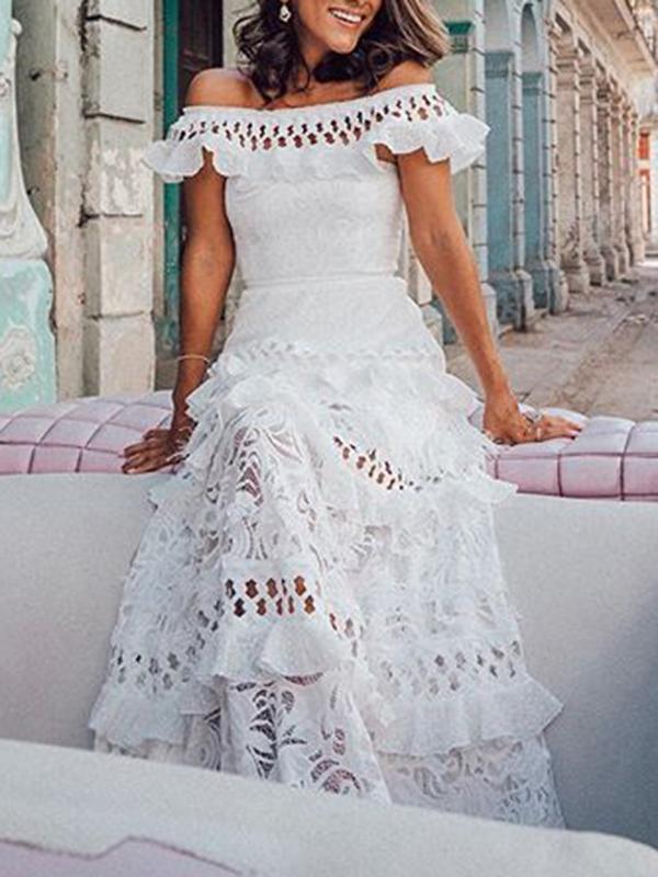 Mune | Long Dress with Ruffled Lace and Boat Neckline Elegant Boho Evening Dress for The Wedding