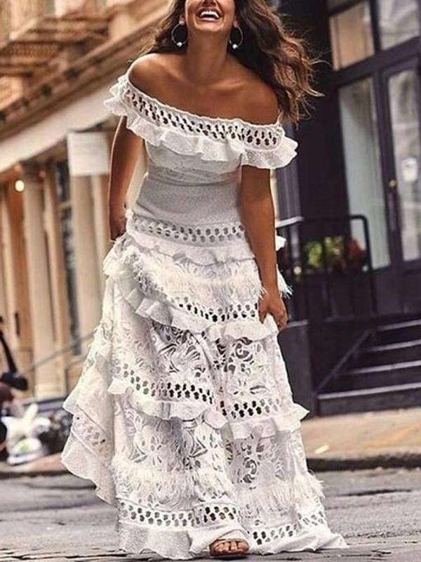 Mune | Long Dress with Ruffled Lace and Boat Neckline Elegant Boho Evening Dress for The Wedding