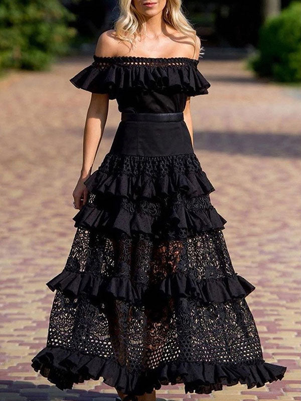 Mune | Long Dress with Ruffled Lace and Boat Neckline Elegant Boho Evening Dress for The Wedding