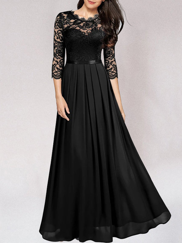 long, elegant bridesmaid dress made of flowing lace