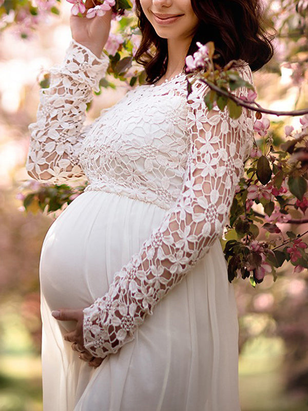 Maternity dress, cutouts, lace, chiffon, round neckline, long sleeves, for women, elegant, for the evening, prom, pregnant