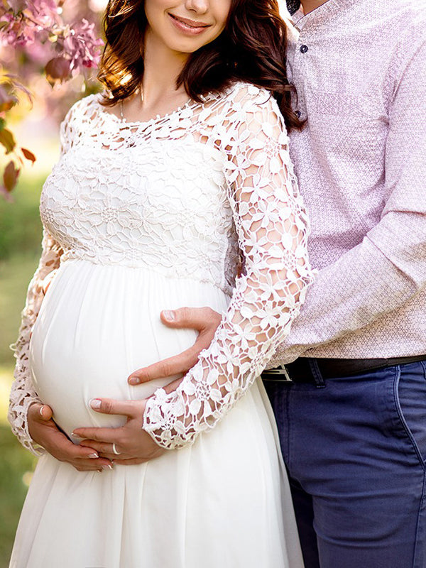 Mune | Maternity Dress Cutouts Lace Chiffon Round Neck Long Sleeves for Ladies Elegant for The Evening Prom Pregnant