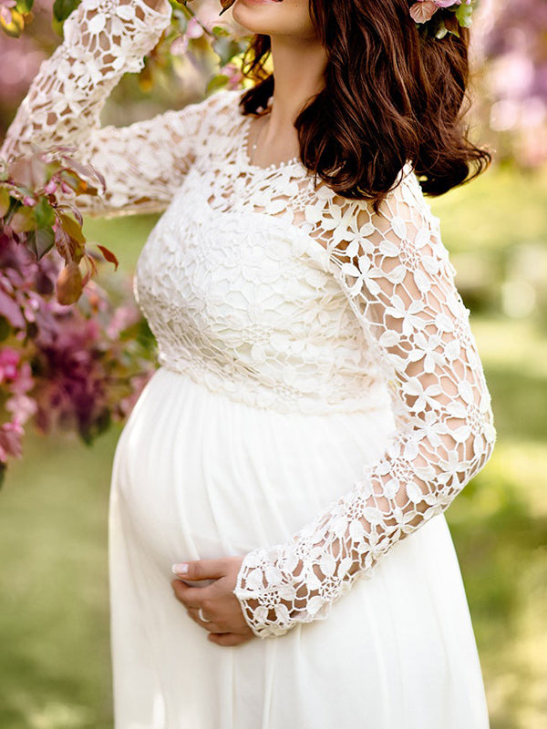 Maternity dress, cutouts, lace, chiffon, round neckline, long sleeves, for women, elegant, for the evening, prom, pregnant
