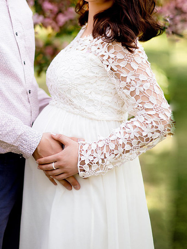 Maternity dress, cutouts, lace, chiffon, round neckline, long sleeves, for women, elegant, for the evening, prom, pregnant
