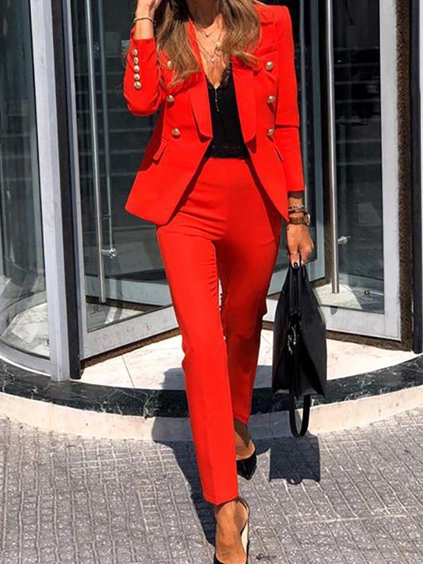 two-piece combination of double-breasted blazer and elegant trousers for women